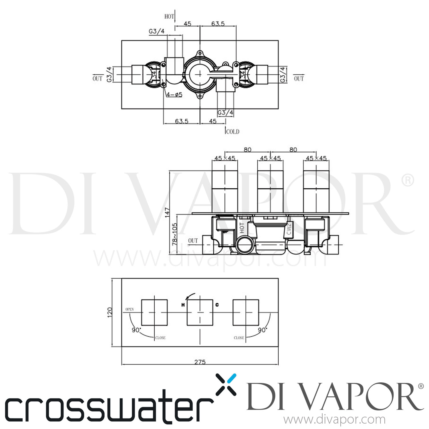 Crosswater Water Square Thermostatic Valve with 3 Way Diverter